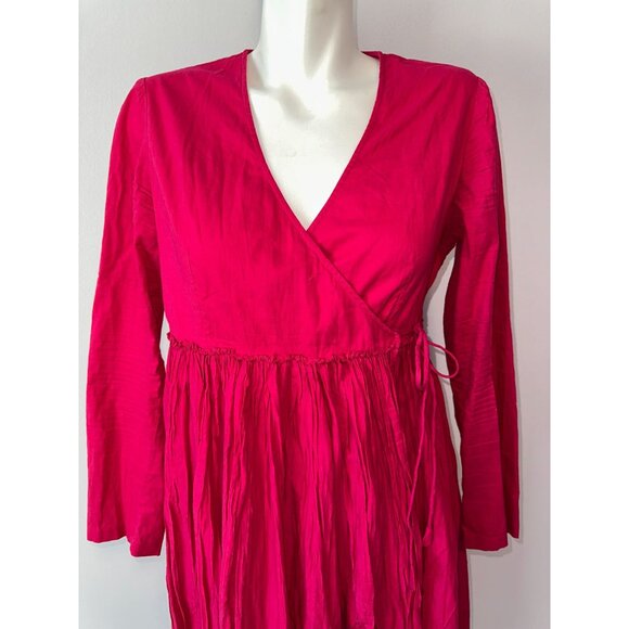 Nicobar Womens Pink Wrap Long Sleeve Crinkle Pleat Dress Size Medium Cotton - Picture 6 of 7